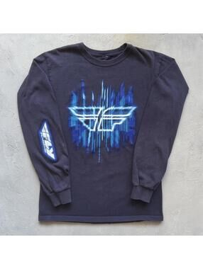 Vintage 2000s Fly Racing Faded Blue Long Sleeve T Shirt Flame Sleeve Hits Size M